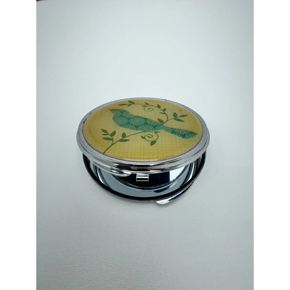 Vintage Teal Bird Round Compact Mirror Double Sided Travel Makeup Accessory Cute